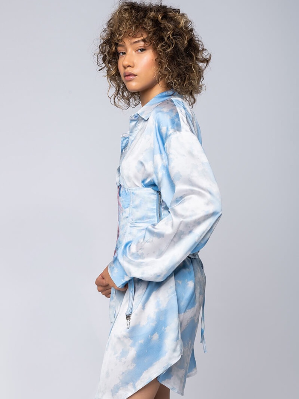 AKIRA Sky-Print Satin Corset Dress in Light Blue - Picture 5 of 17